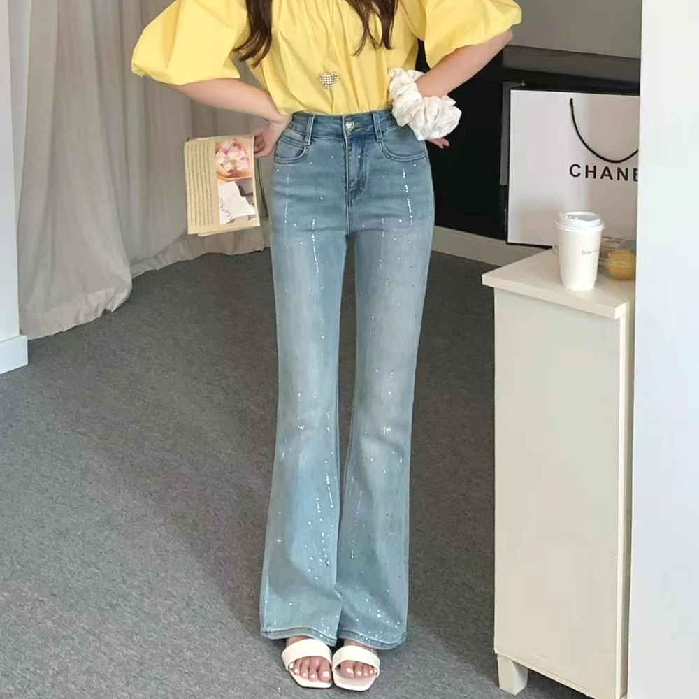 欧若风小个子高腰显瘦时尚流光烫钻修身不贴腿直筒微喇牛仔裤女