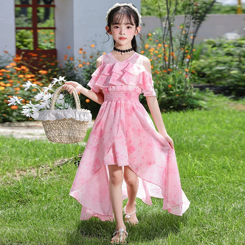 女童连衣裙夏季雪纺碎花2025新款洋气薄款女孩拖尾公主风裙子夏装