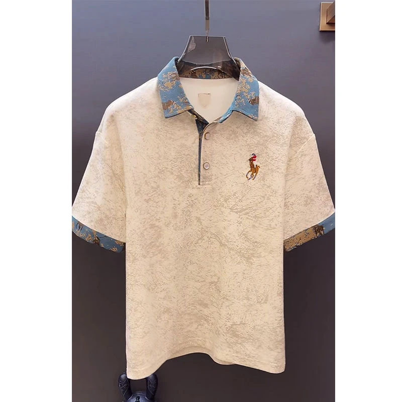 欧货顶奢高定休闲男装上衣2025夏季新款Ins大牌刺绣撞色领poloT恤