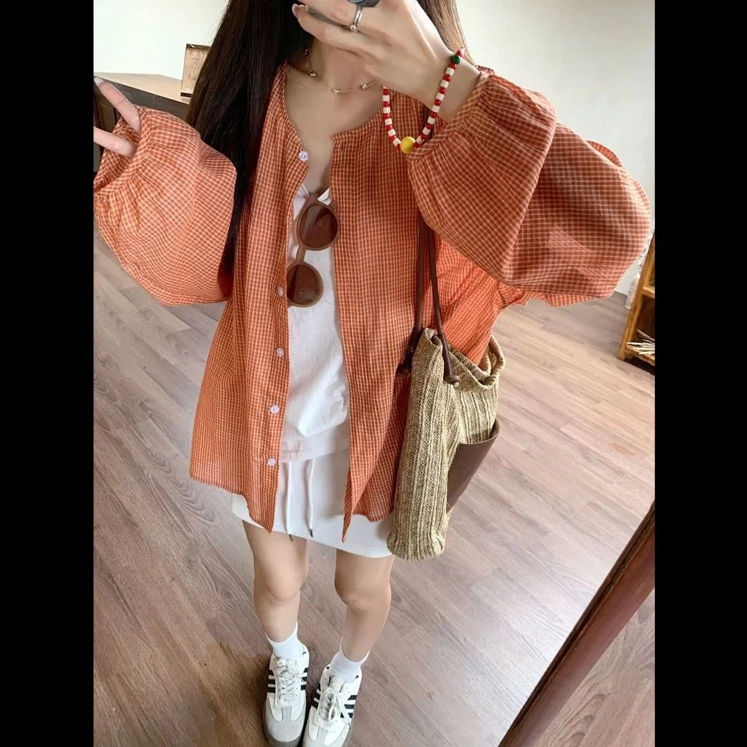 夏季新款慵懒风韩系格子衬衫百搭衬衣外套显瘦上衣2025防晒衬衣女