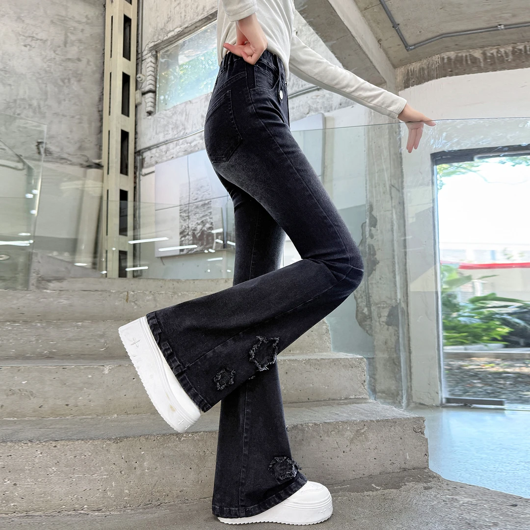 女童裤子中大童刺绣高腰微弹喇叭裤辣妹风牛仔裤秋季弹力修身硬汉