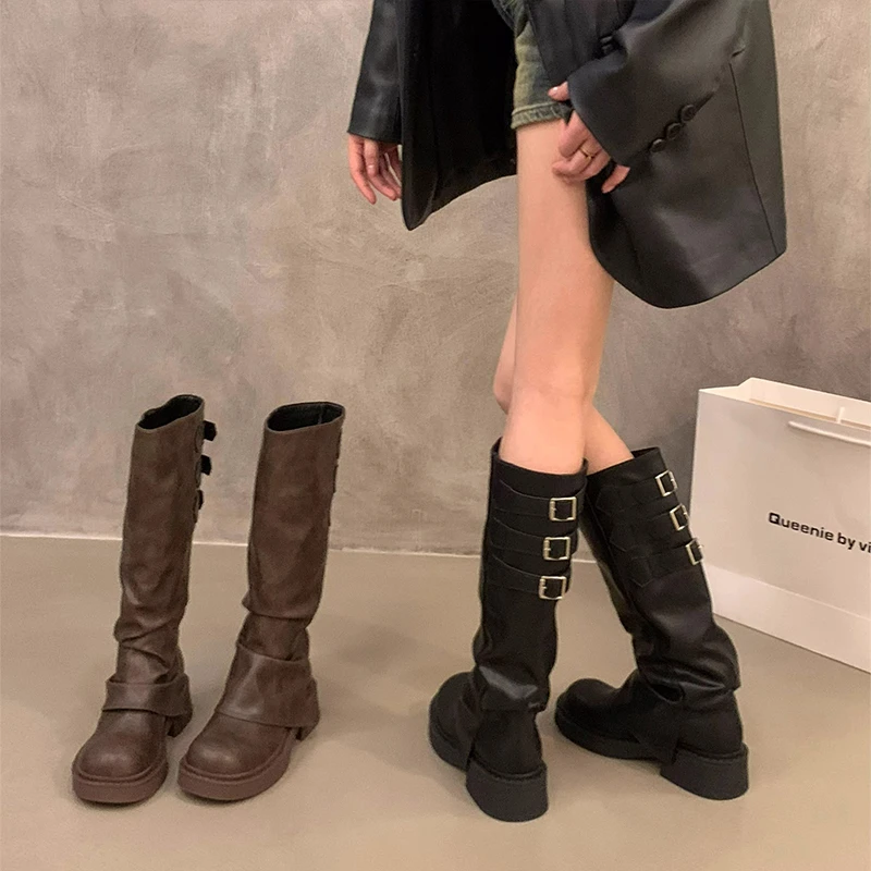复古欧货厚底黑色机车靴女2025秋季新款时尚裤管堆堆靴长筒骑士靴