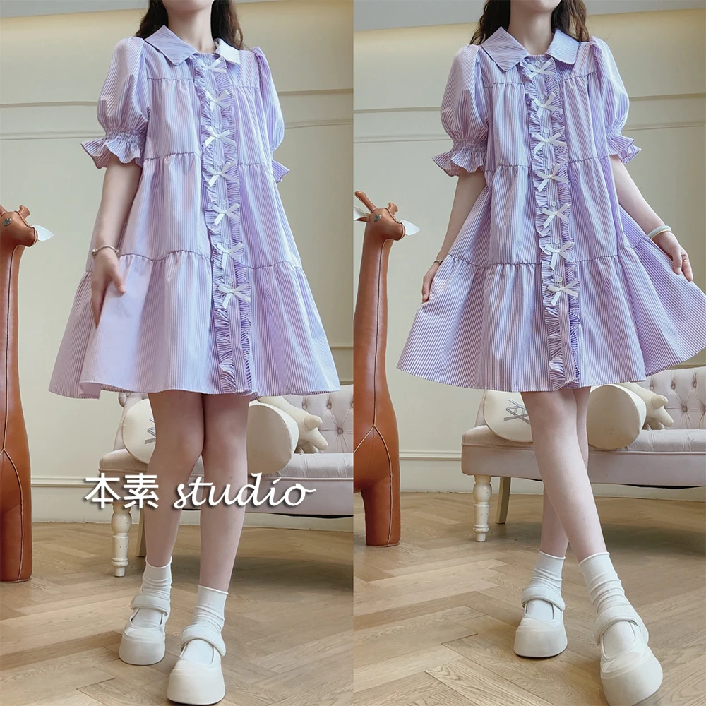 萄气女孩MNY1610-1蝴蝶结木耳边全开扣翻领短袖连衣裙夏季