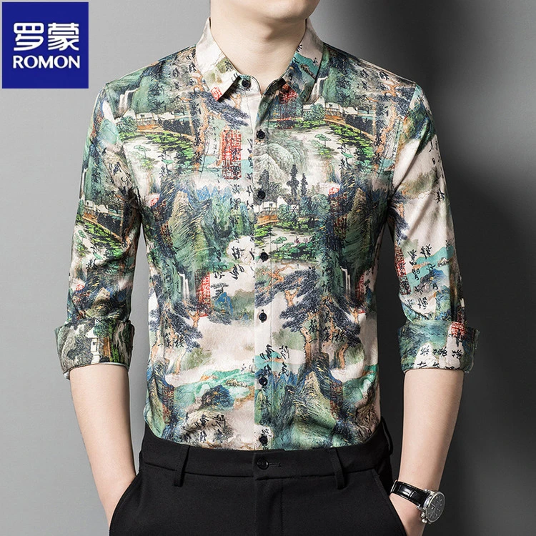罗蒙春秋薄款潮流印花长袖衬衫男士商务休闲免烫抗皱时尚百搭衬衣