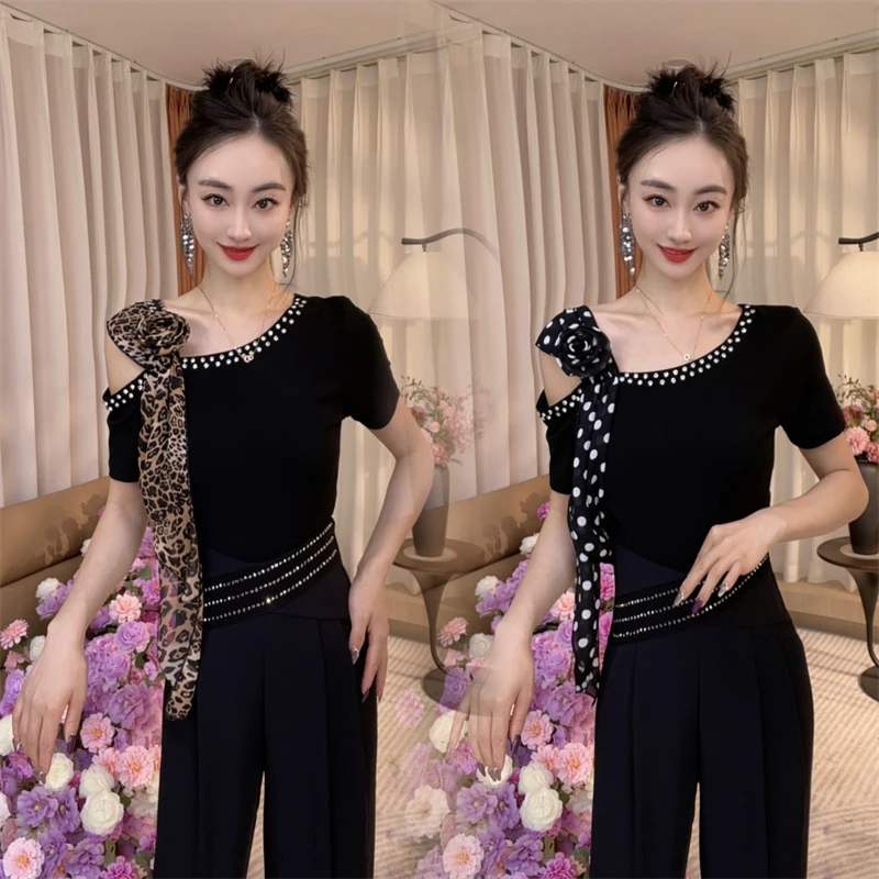 洋气斜肩飘带装饰短袖T恤夏季流行新款时尚上衣