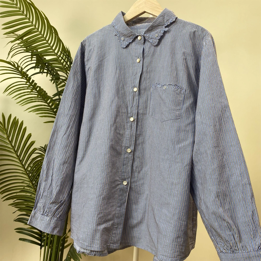 【竖条纹花边钉珠领口袋棉衬衫】2747