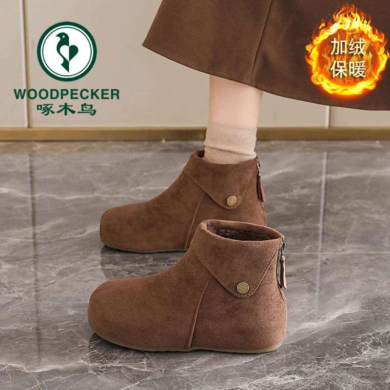 啄木鸟高帮勃肯鞋女2025冬季加绒保暖软底复古内增高棉鞋马丁短靴