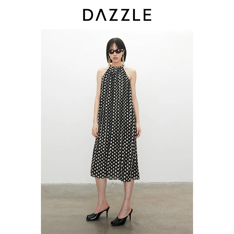 DAZZLE地素奥莱 连衣裙女装黑复古绣花挂脖中长裙2I2O354