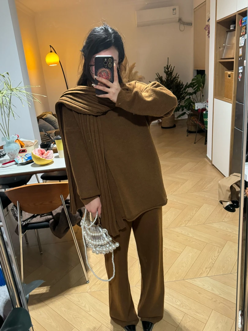 【梨零零同款】老钱风慵懒风简约风时尚套装冬季连帽纯色帽衫