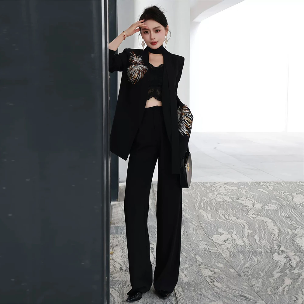 设计感西装套装女2025春秋名媛气质烟花钉珠西服长裤纯色两件套
