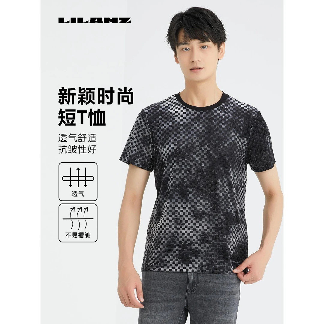 利郎时尚简约丝绒烧花短袖型男t恤男款休闲百搭舒适高级感男装