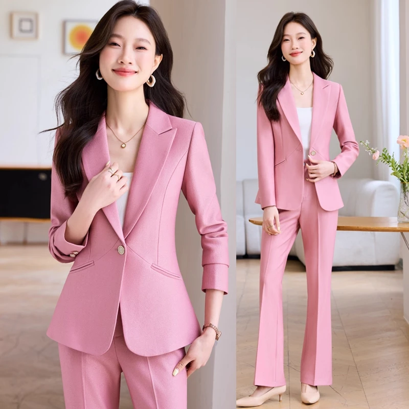 高级感粉色西装套装女春秋时尚韩版修身气质女神范正装西服工作服