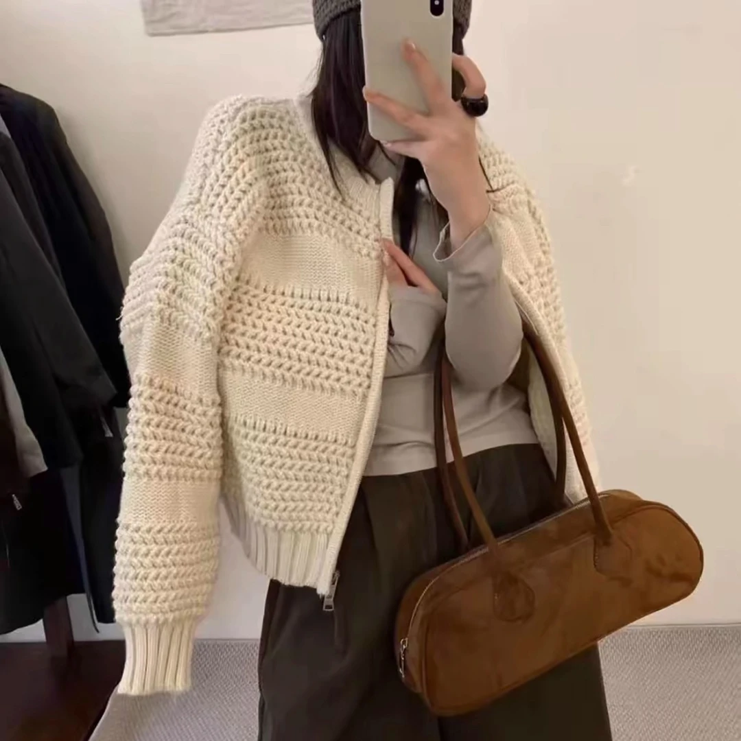 纯色慵懒风拉链粗针毛衣设计感开衫上衣2025秋冬新款高级感外套