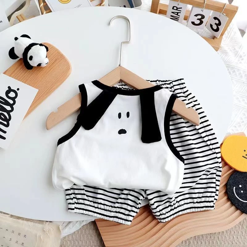 儿童超萌卡通背心无袖条纹短裤两件套2025新款男女宝宝童夏季套装