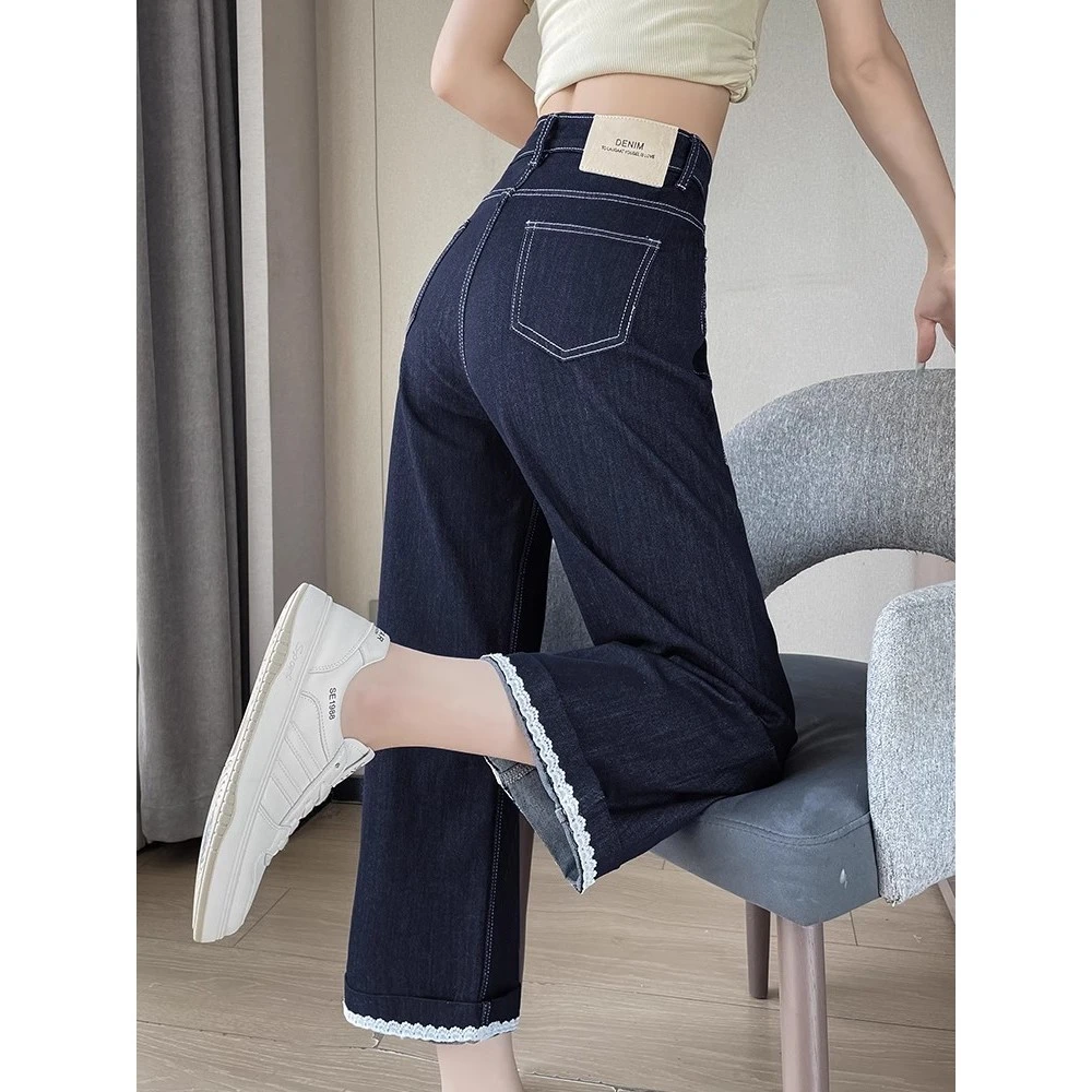 拼接蕾丝花边休闲直筒阔腿裤夏天爆款2025新款高腰显瘦宽松牛仔裤