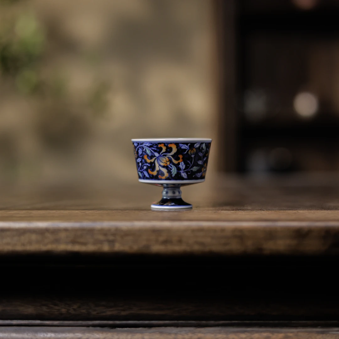 【悦生活】明青花金菊缠福-卓君-小高脚杯（卓君S0213）