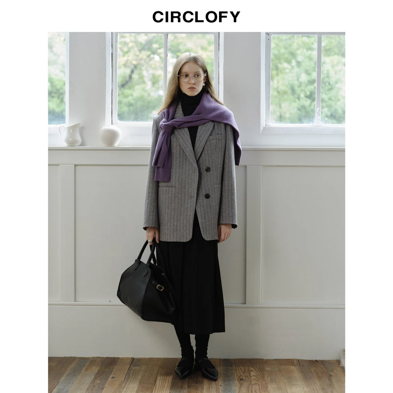 CIRCLOFY瑟夕 复古色织含羊毛西装毛呢夹棉外套COUD712595