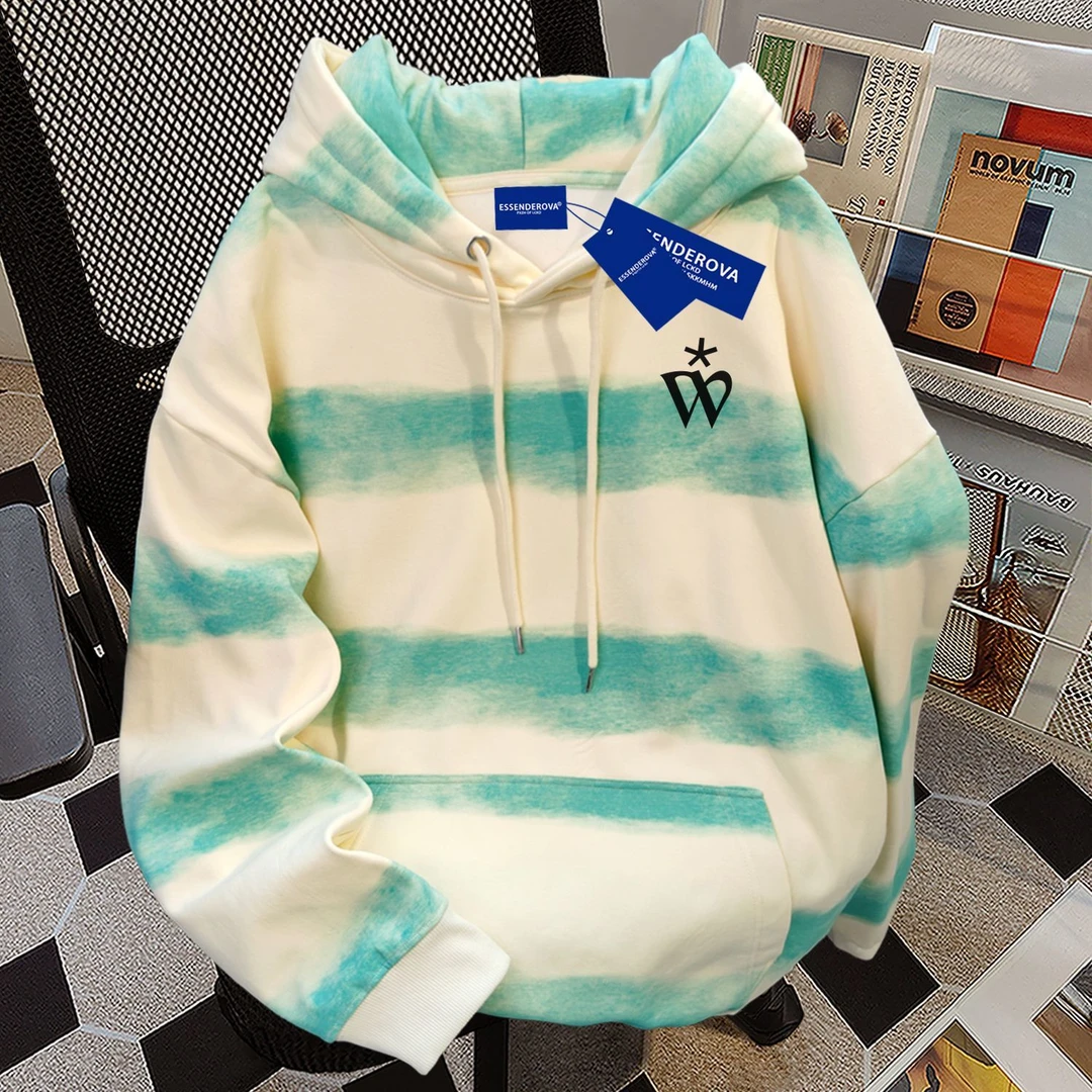 日系休闲欧美街头扎染横条连帽卫衣男女秋冬加绒加厚宽松显瘦上衣