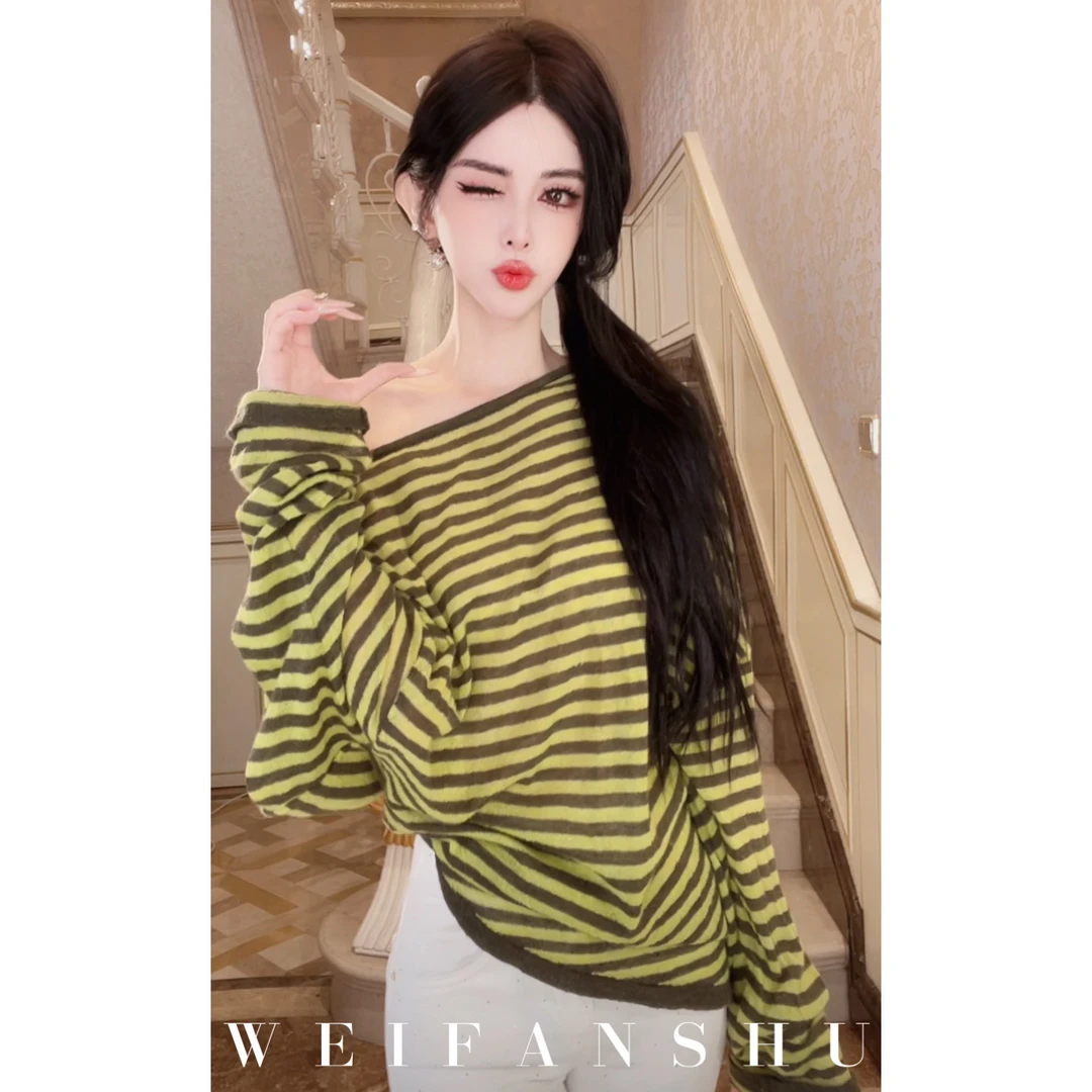 WEIFANSHU/魏凡舒【青柠苏打】新款时尚宽松慵懒百搭羊毛条纹T恤