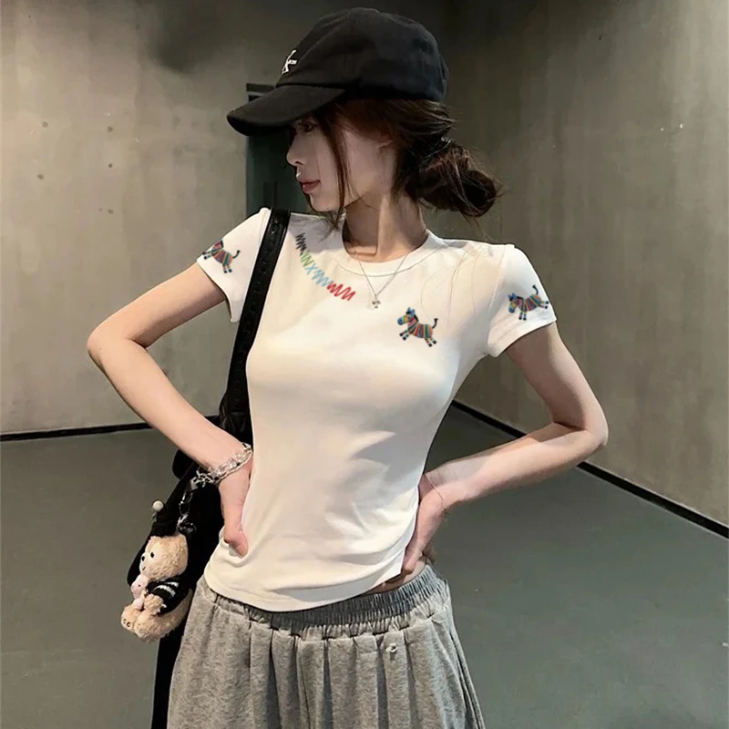 【现货圆领】潮牌修身显瘦短款韩版设计感短袖T