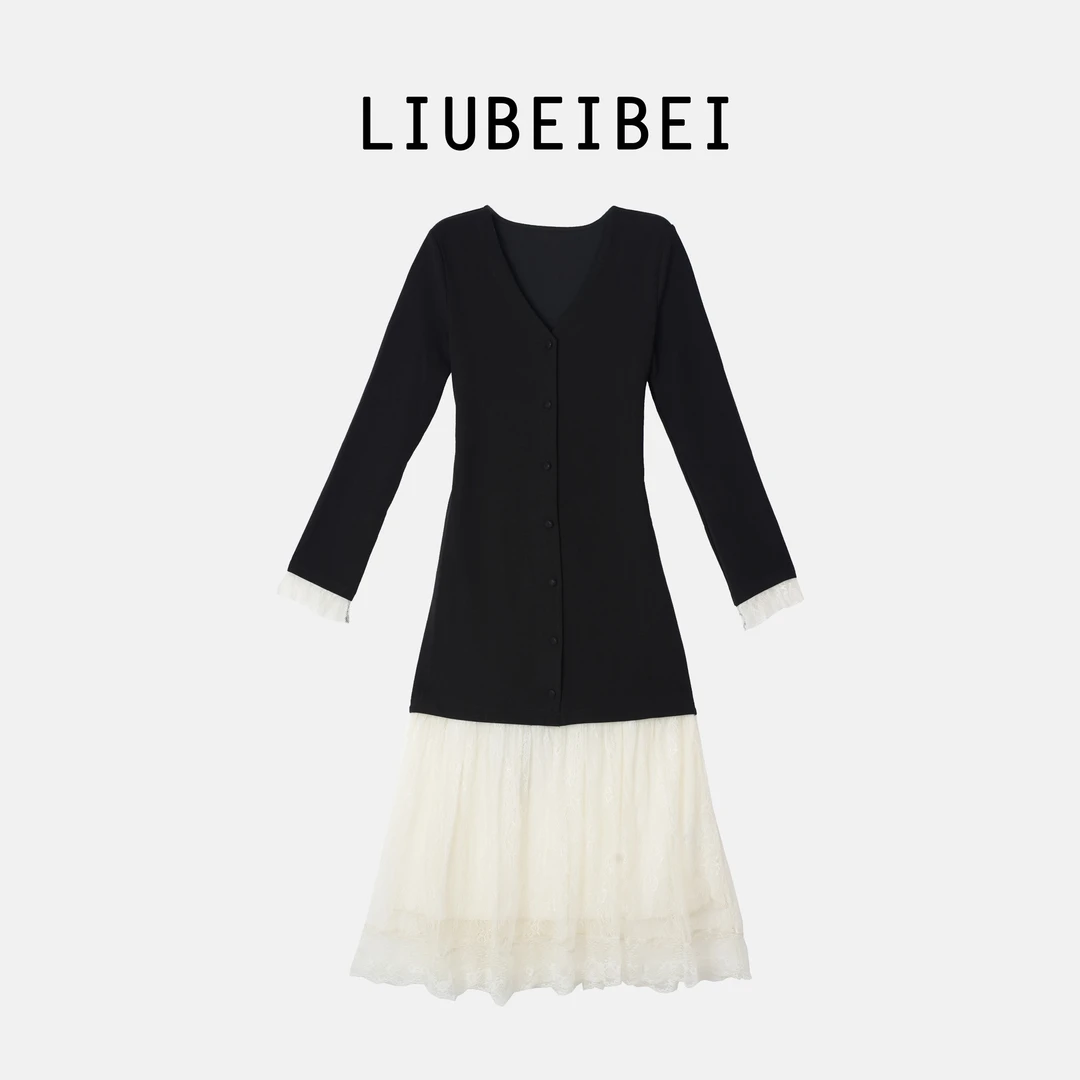 LIUBEIBEI春季新款韩系拼接蕾丝开襟设计感连衣裙-8618
