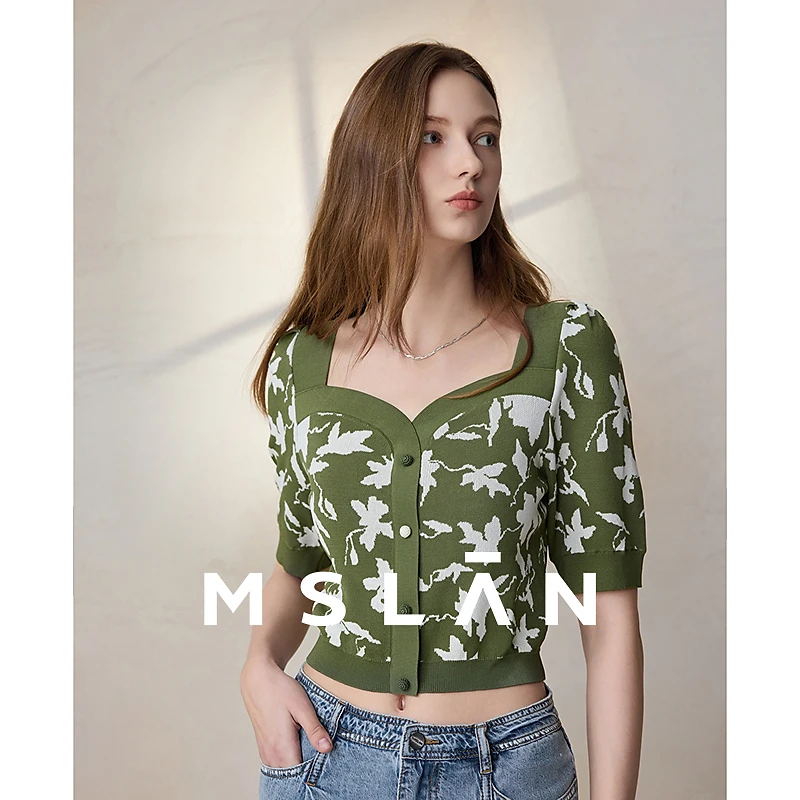 MSLAN方领碎花显瘦气质短款气质复古小众印花毛织套衫女 MFBV1304