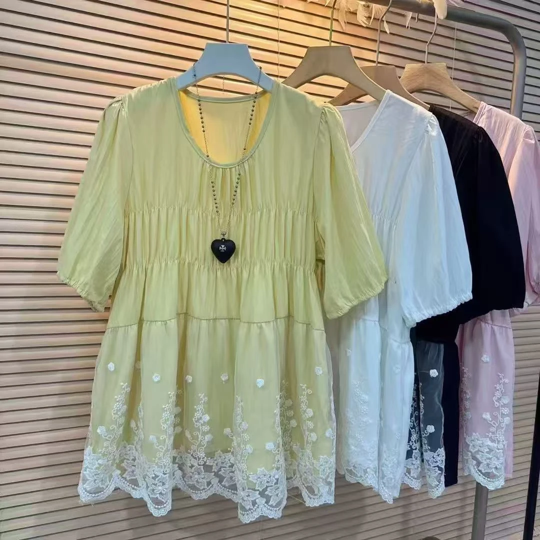 野小姐*大码蕾丝拼接春夏新款女装短袖遮肉宽松圆领