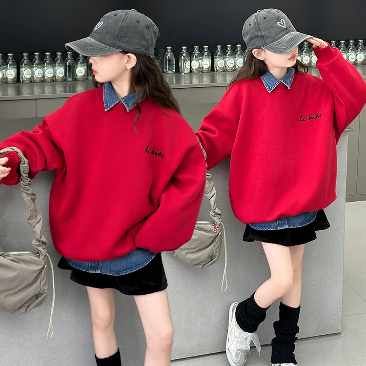 女童卫衣春秋装2025新款女大童宽松韩版红色卫衣儿童洋气牛仔衬衫