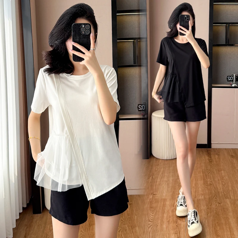 夏季新款女装T恤短袖网纱拼接不对称休闲大码韩版气质时尚上衣女