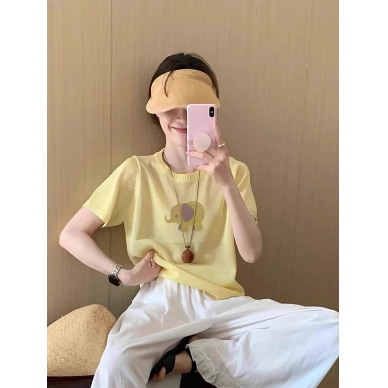 黄色小象印花冰丝针织衫短袖t恤女夏季显瘦洋气独特漂亮短款上衣