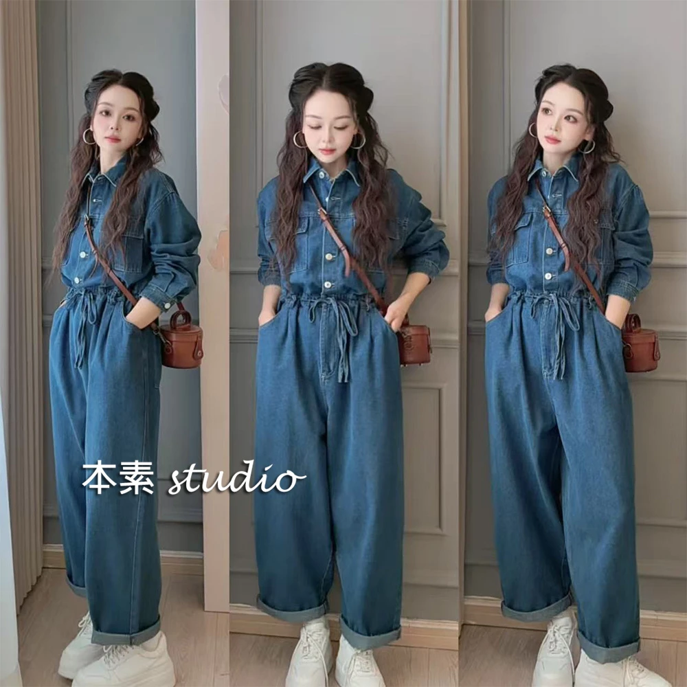 春日丹宁C2239多口袋腰部抽绳翻领牛仔连体裤