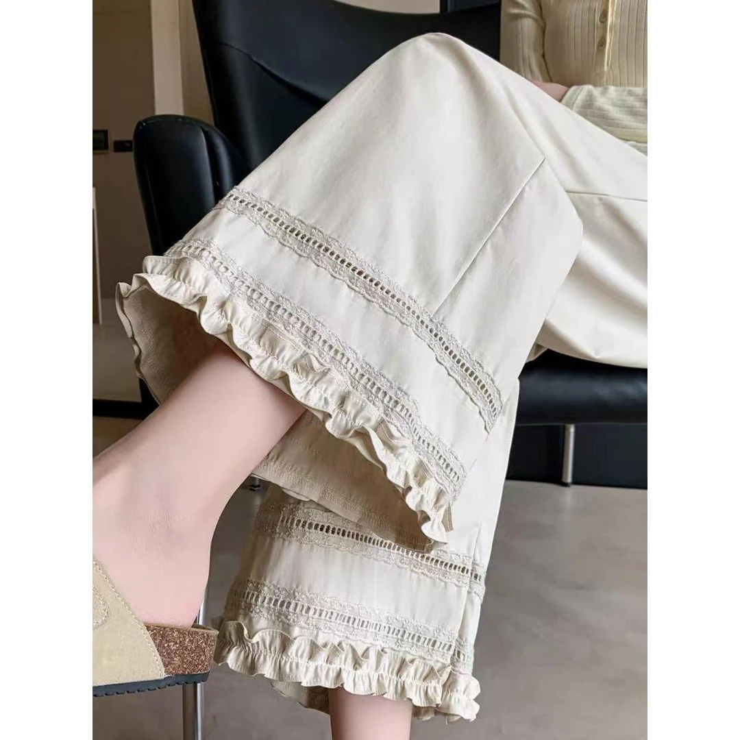 木耳边直筒休闲裤女2025夏季新款松紧腰阔腿裤宽松显瘦遮跨九分裤