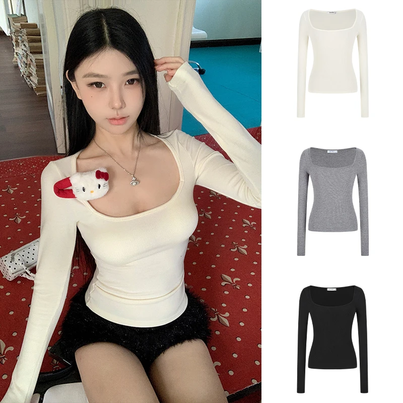 Moses Queen/魔西女王纯欲加绒保暖方领露锁骨打底衫修身长袖T恤