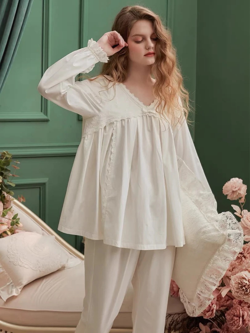 【BAI】复古v领长袖睡衣女家居服套装23888