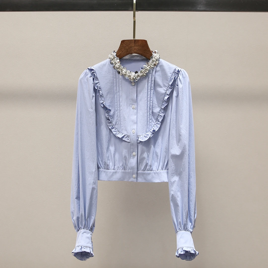 法式气质通勤设计感木耳边钉珠短款衬衫上衣女LA11205