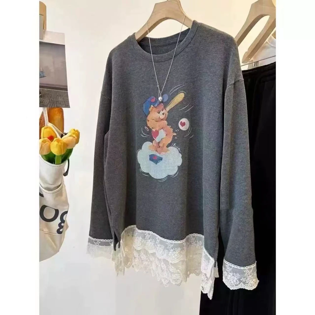 【牛哥严选】德绒小熊蕾丝边时尚宽松百搭T恤