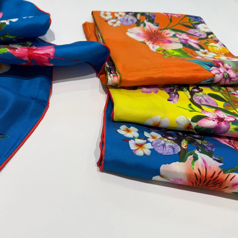 2025新款真丝花色长款丝巾女春暖花开百搭围巾W-14009