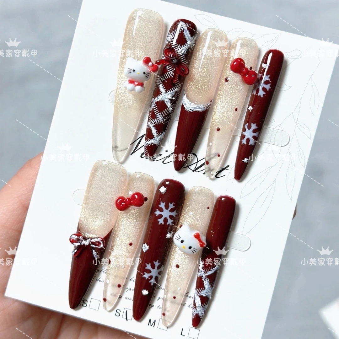 冬日圣诞新年氛围感法式猫眼4.5立体kt可爱蝴蝶结大红手工穿戴甲