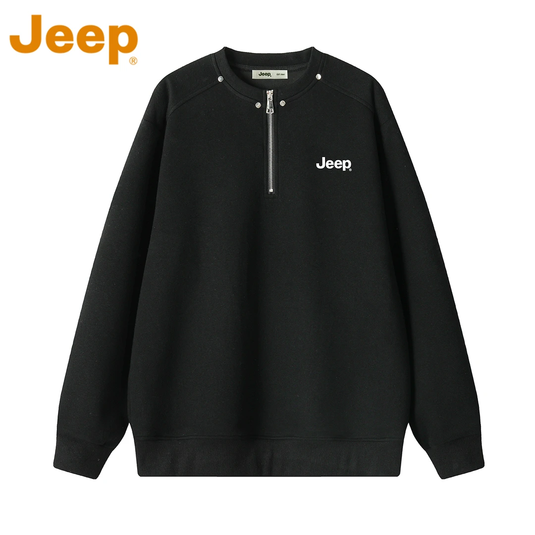 JEEP吉普黑色曼巴棉卫衣男款秋冬季2025新款时尚正肩铆钉宽松上衣