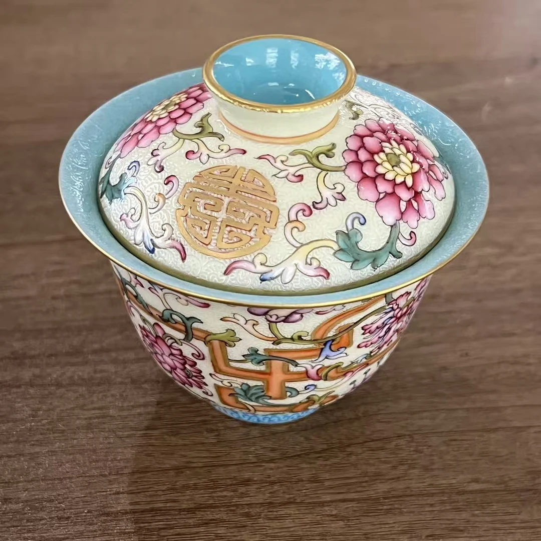 【古法柴窑】古窑御器扒花粉彩万寿连延盖碗