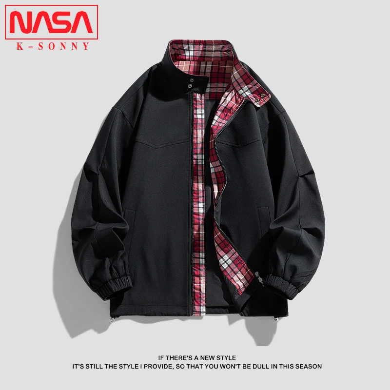 NASA立领休闲夹克男士春夏格子拼接外套青少年宽松百搭情侣上衣潮