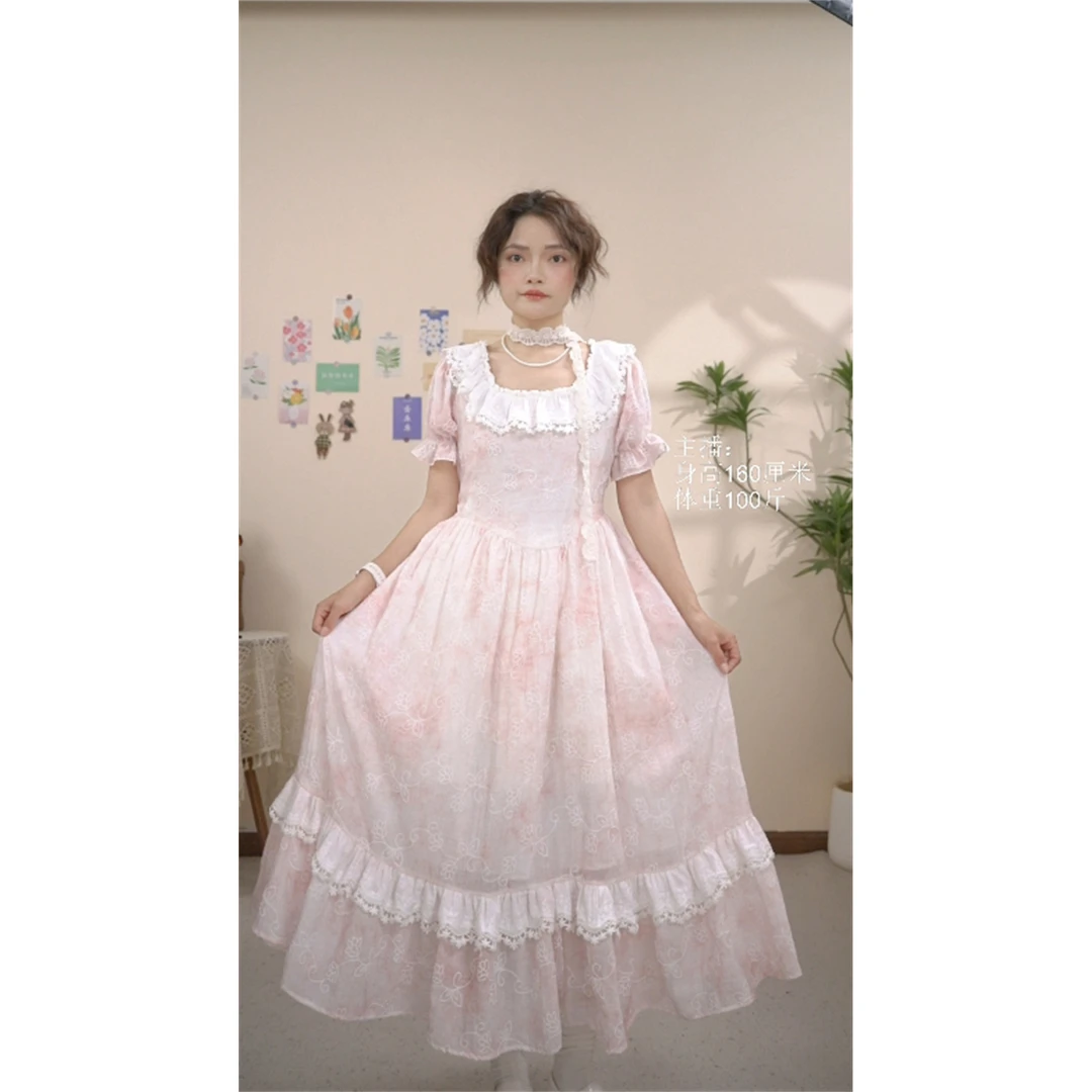 《米粒》63353森系小清新方领拼接花边百搭减龄扎染工艺连衣裙