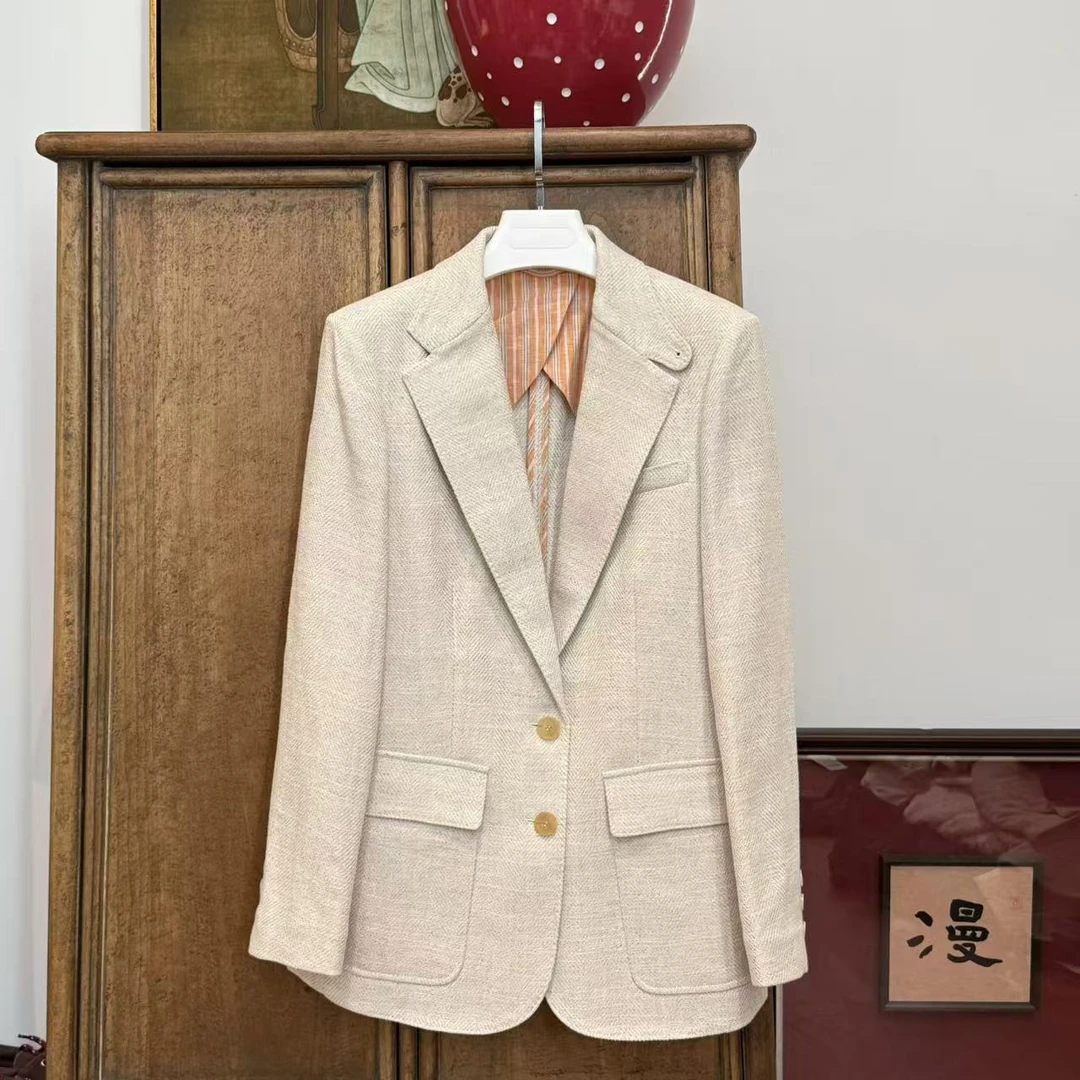 MYL 2025春季新品棉麻米色西装翻驳领长袖单排扣休闲纯色外套