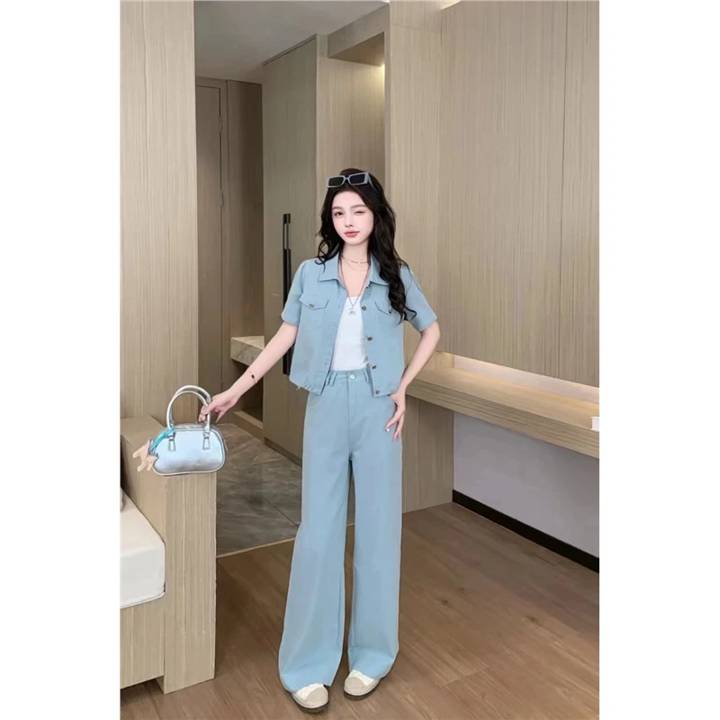 休闲套装女2025春夏新款小个子洋气减龄长袖夹克工装束脚裤三件套