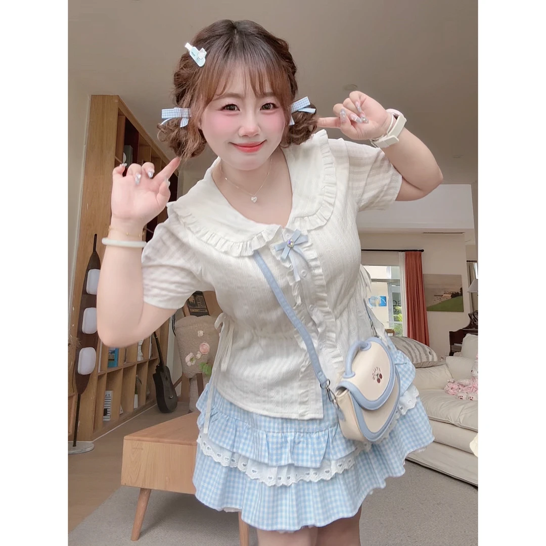【现货】【氧气甜妹】大码甜妹夏款收腰荷叶领衬衫+格子蛋糕裙套装