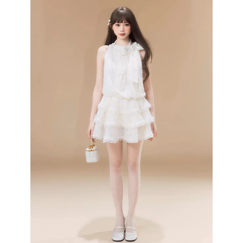 富家千金挂脖连衣裙女夏季高级感公主蛋糕裙甜美少女收腰蓬蓬裙子