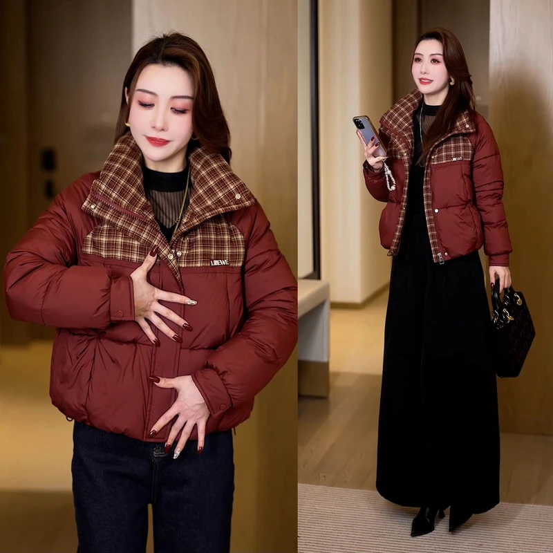 时尚格子拼接棉服2024冬季女士百搭加厚保暖棉衣外套韩版休闲棉袄