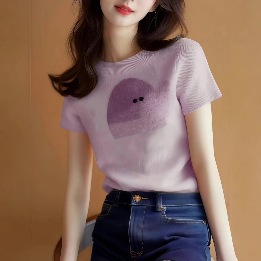 欧洲站2025夏季新款设计感小众气质别致轻熟风紫色针织短袖t恤女