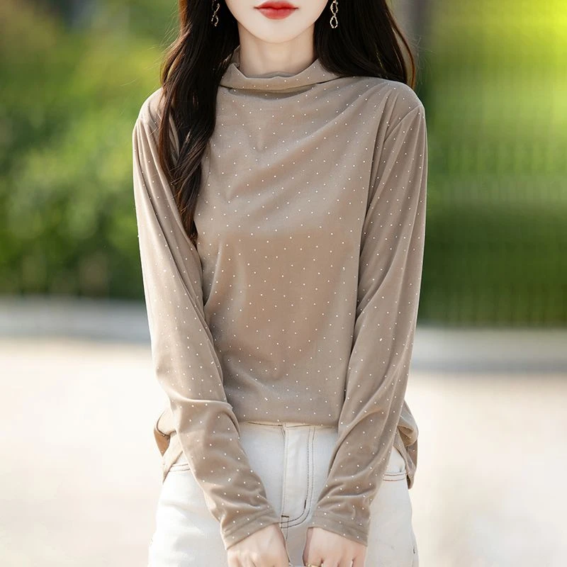 2025春新款轻奢烫钻打底衫女洋气半高领气质外穿丝绒T恤上衣小衫