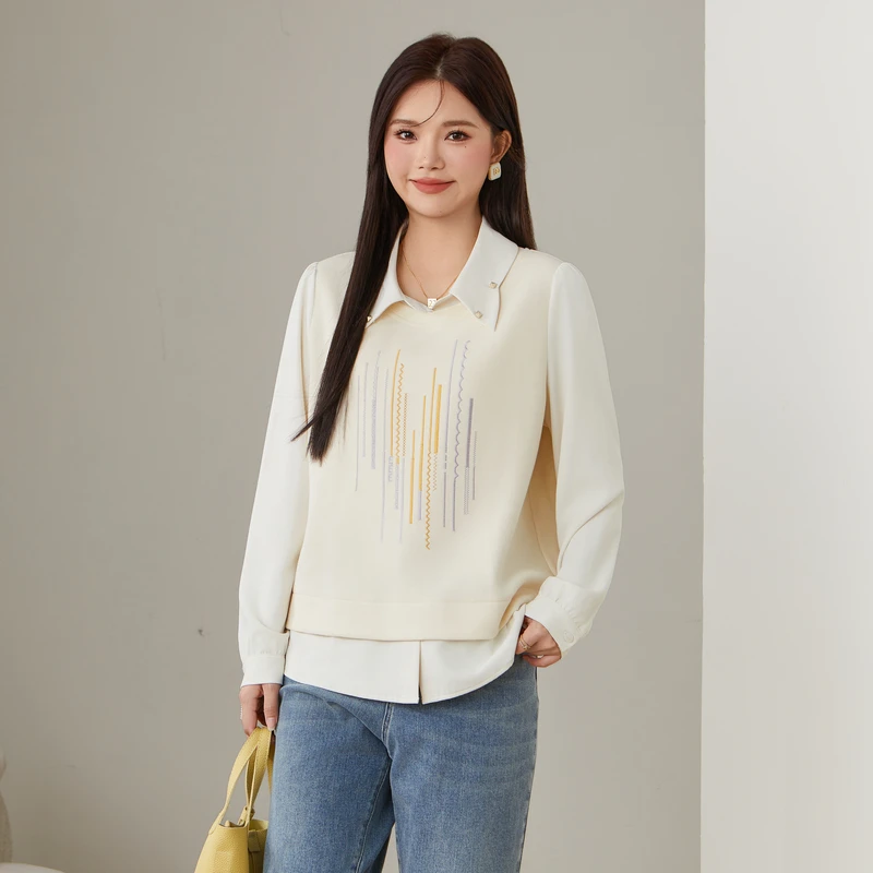 采多宝大码女装小心机假两件马夹拼接衬衫ECA2382